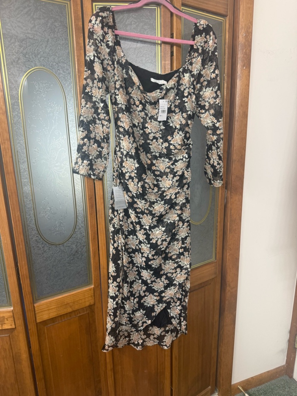 LUSH Black Floral Midi Dress with Cream Blossoms, BRAND NEW